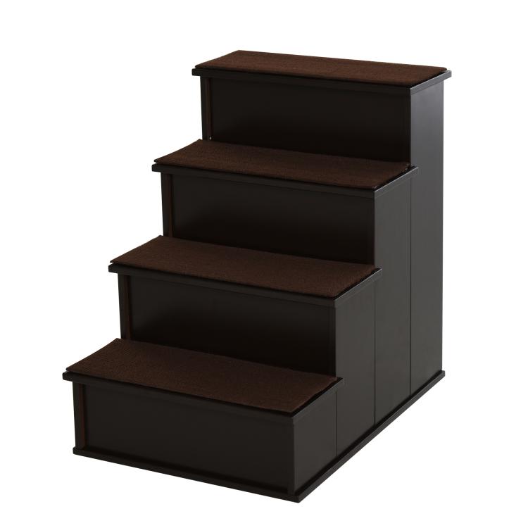 Brown cushioned pet stairs with four levels and side storage panels, dark frame