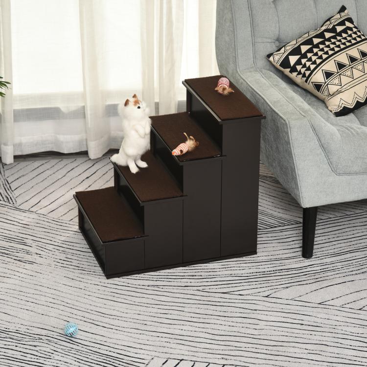 Brown cushioned pet stairs with four steps and dark frame, two cats nearby