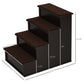 Pet stairs with four brown cushioned steps and dark frame, with size measurements