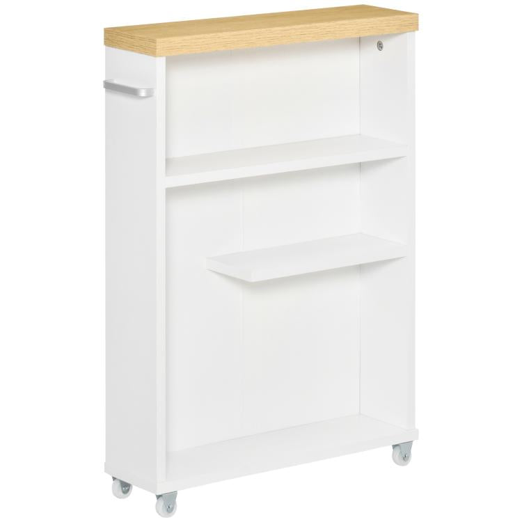White slim bathroom storage cabinet with wood top, open shelves, and rolling wheels