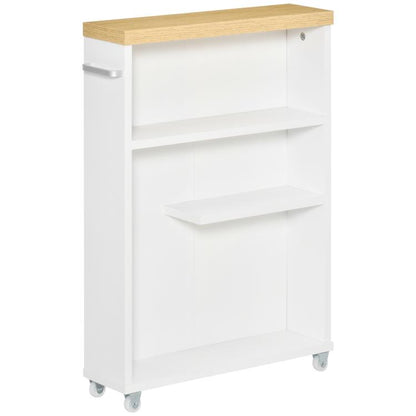 White slim bathroom storage cabinet with wood top, open shelves, and rolling wheels