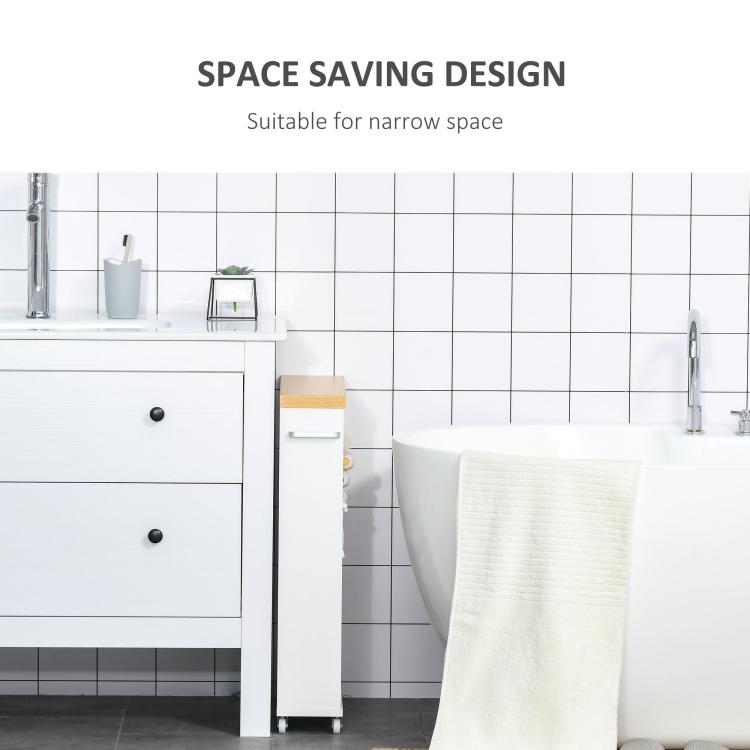 White slim bathroom storage cabinet with wood top and narrow open shelving on wheels