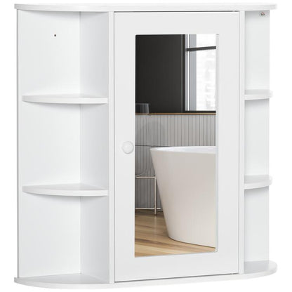 White wall-mount mirrored medicine cabinet with three open storage shelves and door