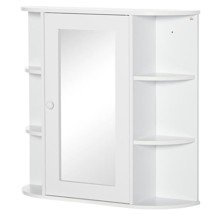 White mirrored medicine cabinet with single door and two side open shelves