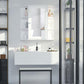 White bathroom mirror cabinet with open shelves and mirrored door above sink