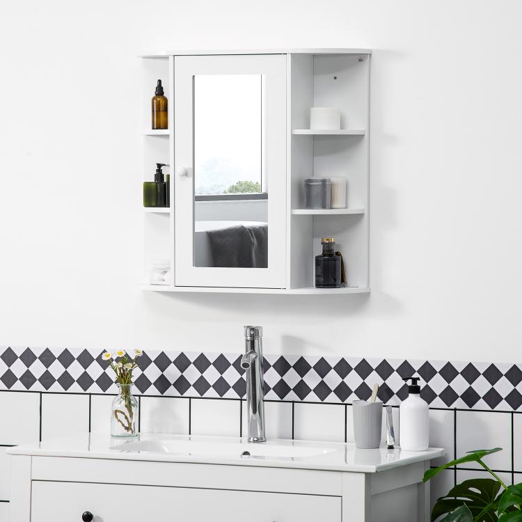 White wall-mounted mirror medicine cabinet with side shelves and centered glass mirror