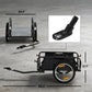 Black bike cargo trailer with open bed and 16-inch wheels, includes hitch arm and frame supports