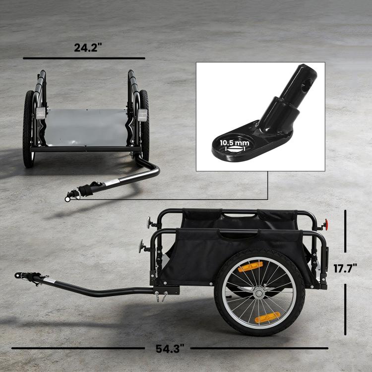 Black bike cargo trailer with open bed and 16-inch wheels, includes hitch arm and frame supports