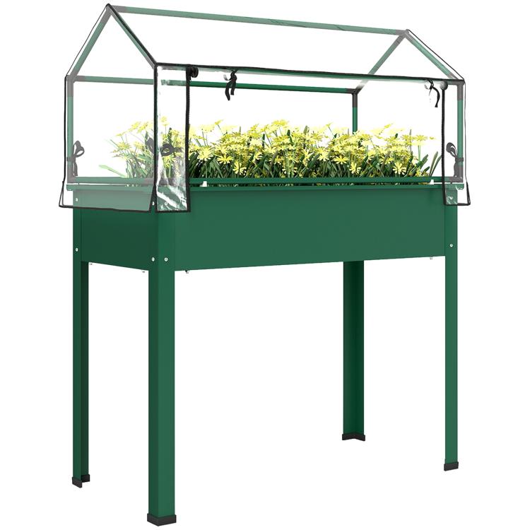 Green raised garden bed with clear greenhouse cover and four sturdy legs