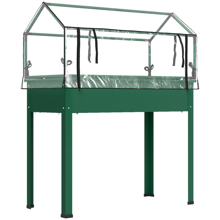 Green raised garden bed greenhouse cover with hanging side curtains and four legs