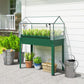 Green raised garden bed with clear greenhouse cover and mounted zip opening