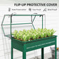 Green raised garden bed greenhouse with front door and clear protective cover