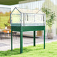 Green raised bed with clear greenhouse cover and openable zip front panels