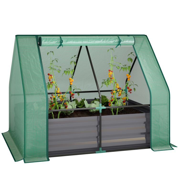 Green mini greenhouse raised garden bed with dark gray planter walls and side panels