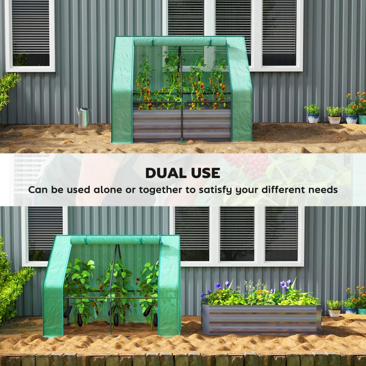 Green mini greenhouse raised bed with dark gray planter walls in front of building