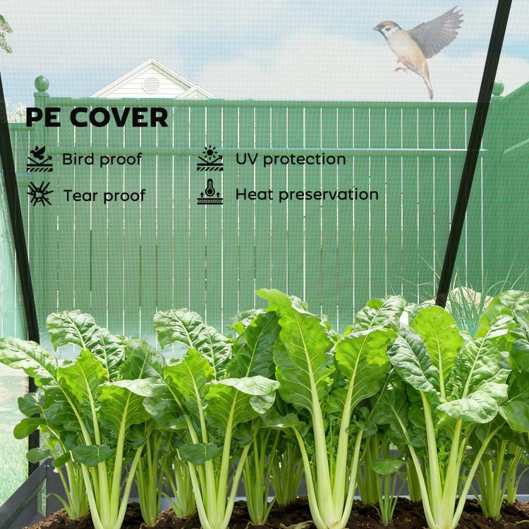 Green PE cover over raised garden bed with leafy greens inside the enclosure