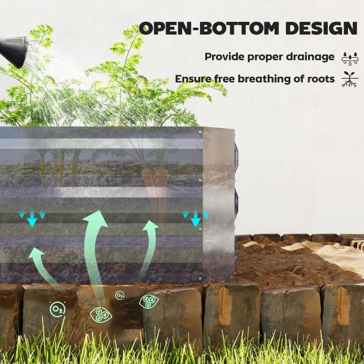 Raised garden bed with open-bottom design for drainage under dark gray planter walls