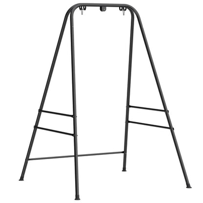 Black A-frame hammock chair stand with top bar and crossbars, anti-slip feet pads