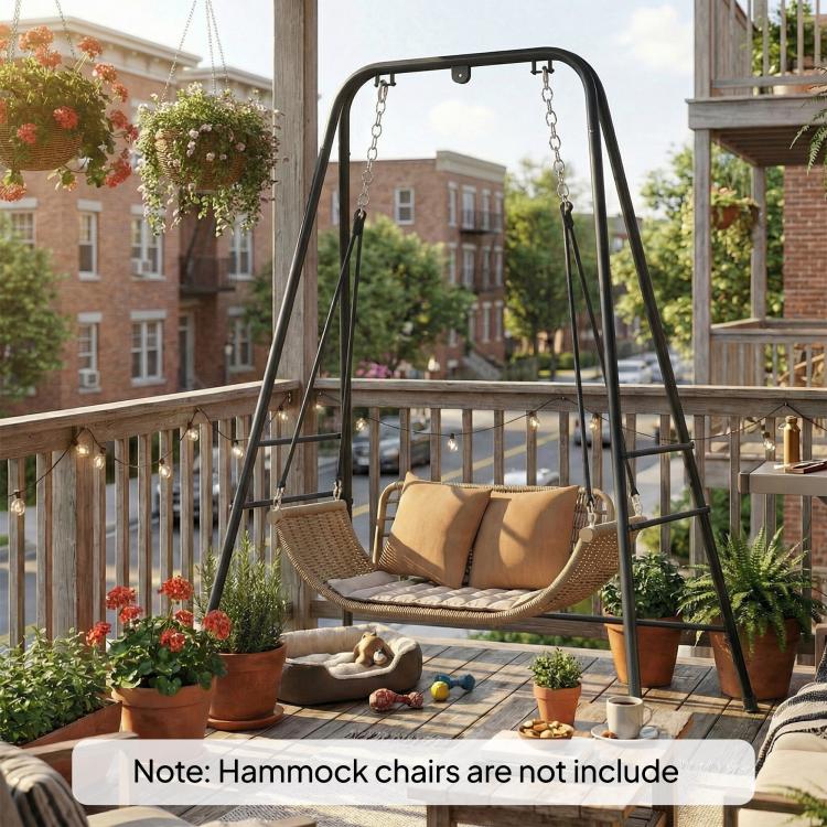 Black hammock chair stand with chains and carabiners, anti-slip foot pads