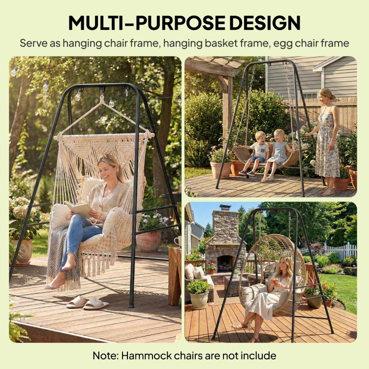 Black multi-purpose hanging stand frame shown holding a hammock chair outdoors
