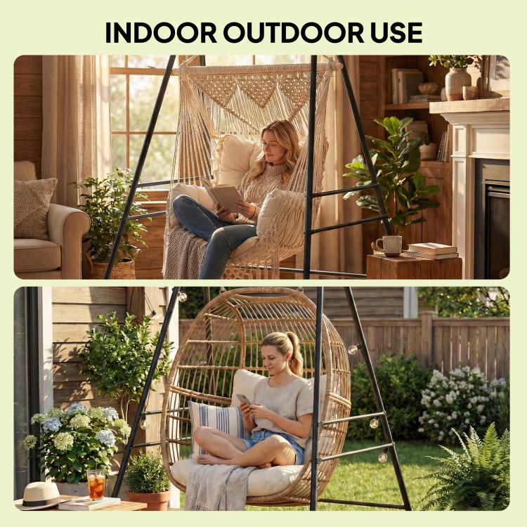Hanging chair stand used indoors and outdoors, black frame holding a hammock chair