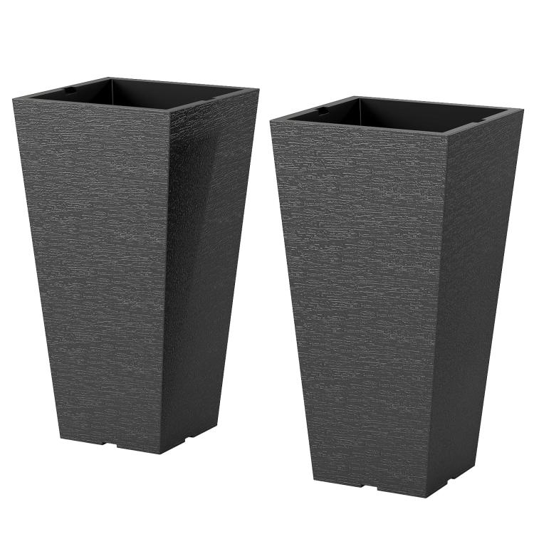 Set of 2 tall black plastic flower pots with textured finish and square corners