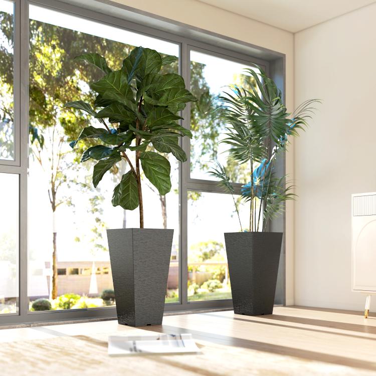 Set of two tall black plastic planters with textured finish, square tapered shape