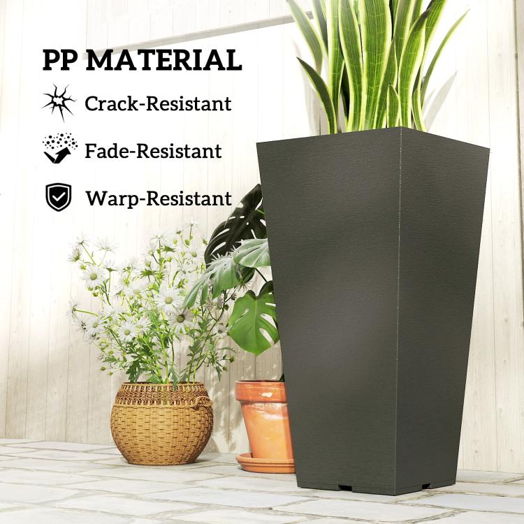 Tall black plastic planter with crack-resistant textured finish and green plant