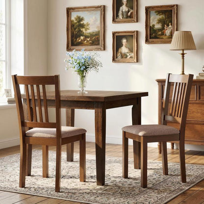 Walnut dining chairs set of 2 with slat-back and padded light gray upholstered seats