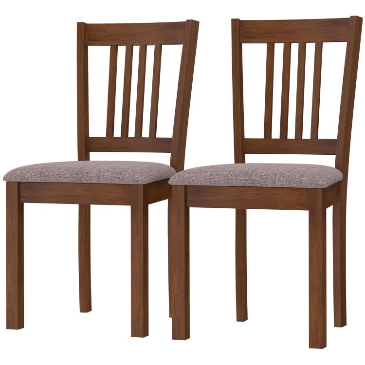 Set of 2 walnut dining chairs with vertical slat backrests and light gray cushioned seats