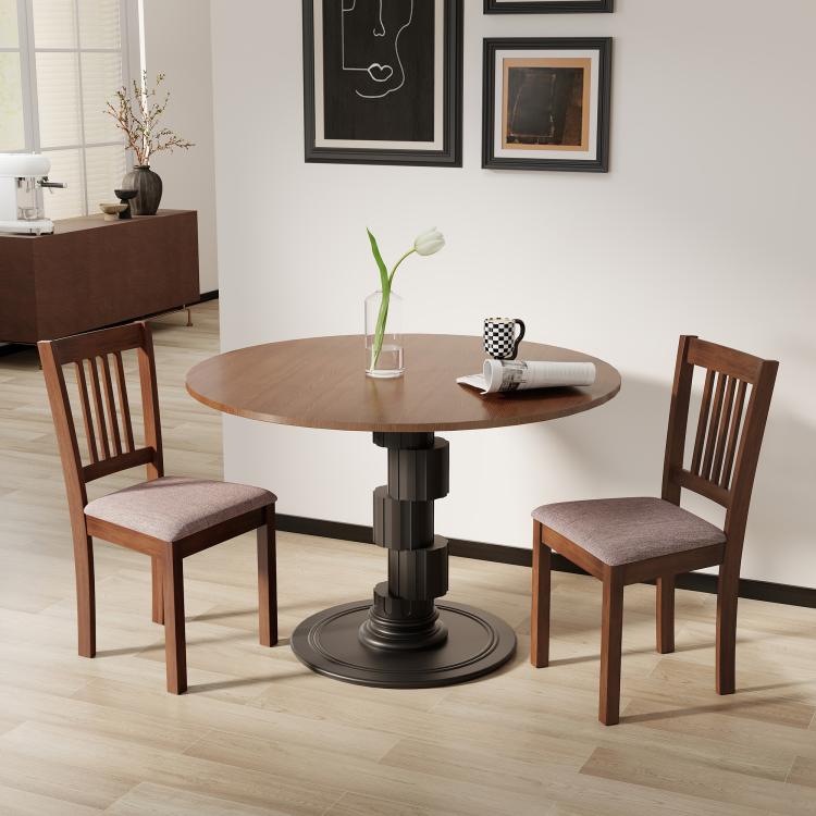 Set of 2 upholstered dining chairs, slat-back, padded seats, walnut brown frames
