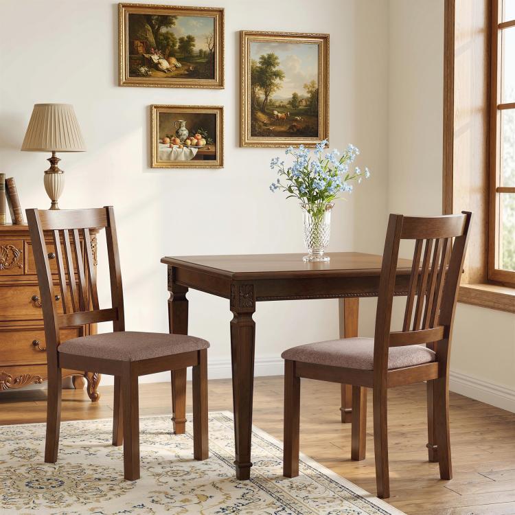 Dining chair set of 2 in walnut with slat-back and padded light gray upholstered seats