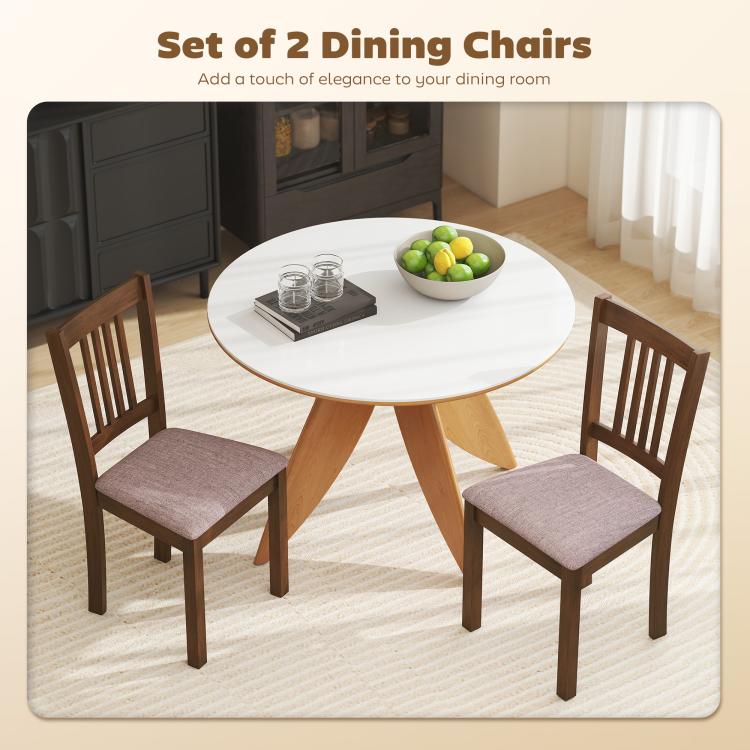 Walnut dining chairs set of 2 with slat backs and padded light gray seat upholstery