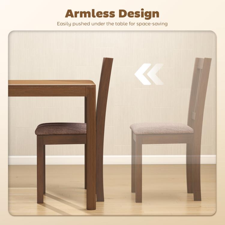 Walnut armless dining chairs set of 2 with slat-back and padded light gray upholstered seats