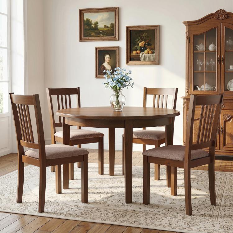 Walnut dining chairs set of 2 with vertical slat backs and padded light gray seat cushions