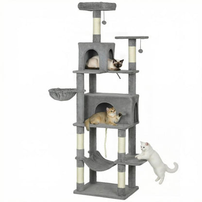 Dark gray multi-level cat tree with two condos, hammocks, and dangling toys