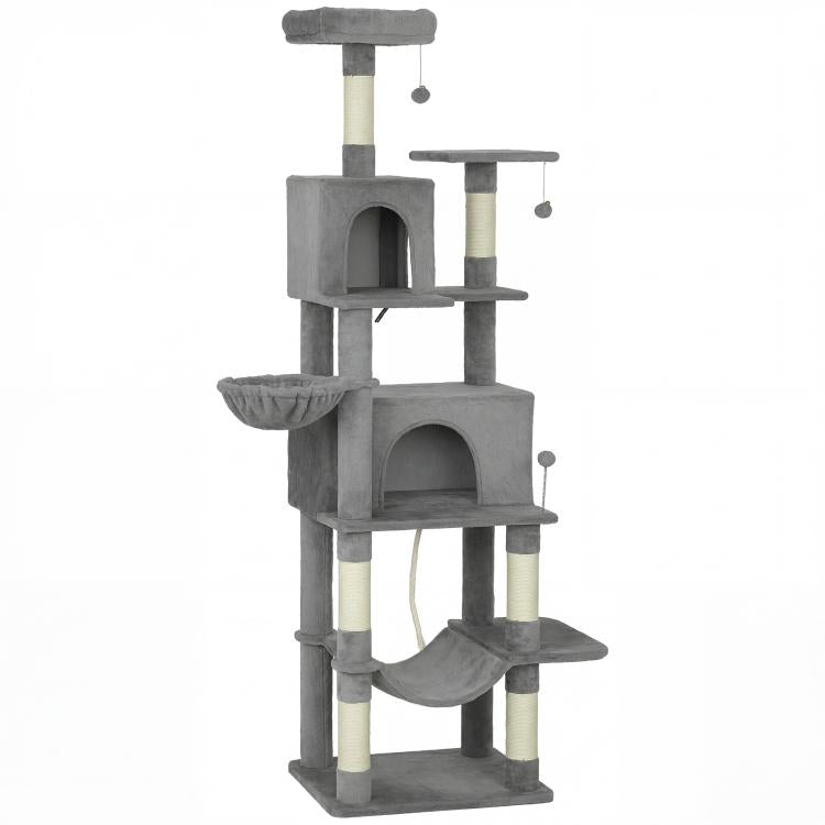 Dark gray cat tree with stacked condos, hammocks, and sisal scratching posts