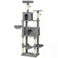 Dark gray cat tree with two enclosed condos, hammocks, and sisal scratching posts