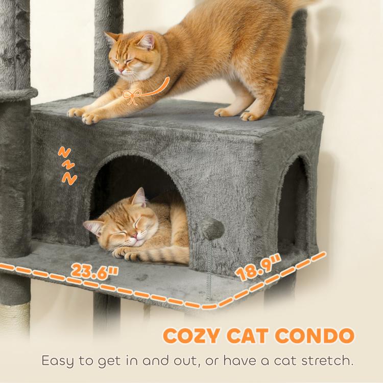 Dark gray top platform and enclosed condo on a cat tree with two cats