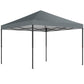 Dark gray pop-up canopy tent frame with slanted roof and open sides, four corner poles