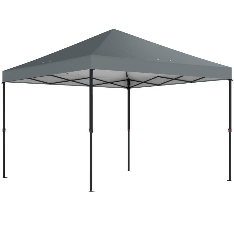Dark gray pop-up canopy tent frame with slanted roof and open sides, four corner poles