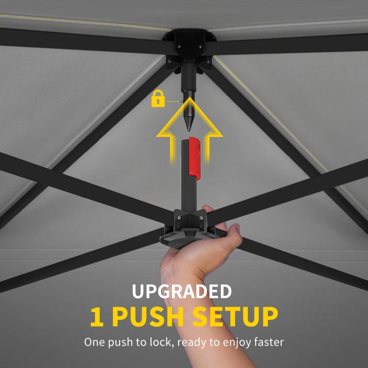 Pop-up canopy tent roof frame with one-push locking center post mechanism