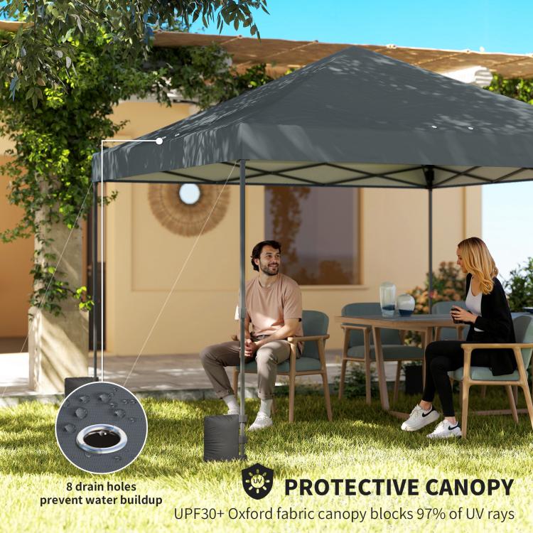 Dark gray pop-up canopy tent with drain-hole graphic and fabric canopy top