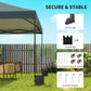 Dark gray canopy tent setup with steel legs, sandbags, and ground stakes