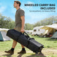 Wheeled carry bag for dark gray pop-up canopy tent, outdoors with man holding handle