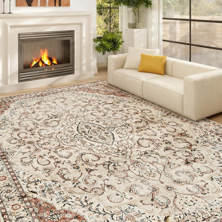 Cream classical floral area rug with brown and rust accents across the full surface