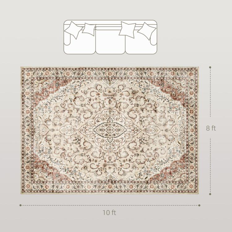Flat lay of cream and mixed brown floral area rug with framed border and center medallion