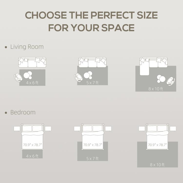 Cream and brown floral rug size chart graphic with rug silhouette