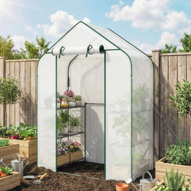 Outdoor white PE greenhouse with green frame and open door, potted plants on shelves