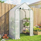 Outdoor white PE greenhouse with green frame, open door and potted plants on shelves